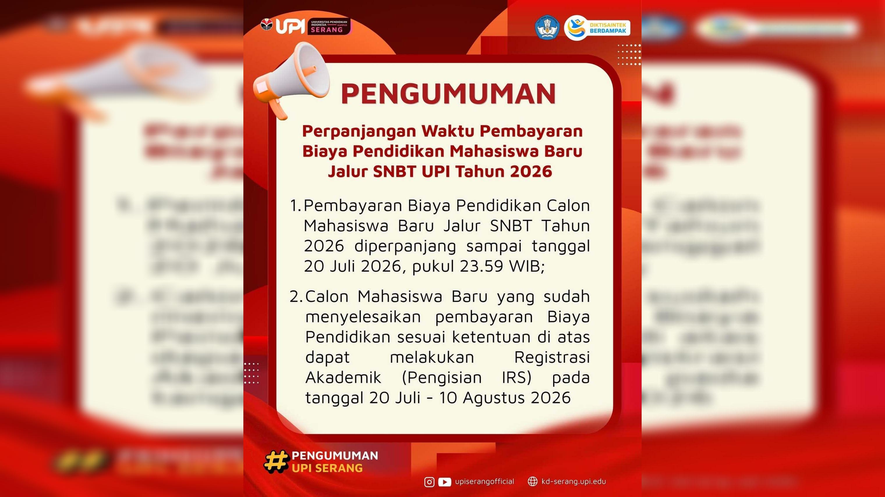 Perpanjangan Waktu Pembayaran Biaya Pendidikan Mahasiswa Baru Jalur SNBT Tahun 2026